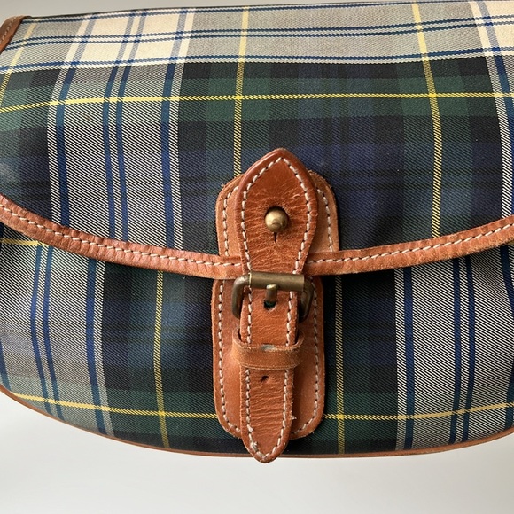 Ralph Lauren Vintage Tartan Plaid Blue Green Leather Brass Canvas Plaid Bag - Picture 5 of 15